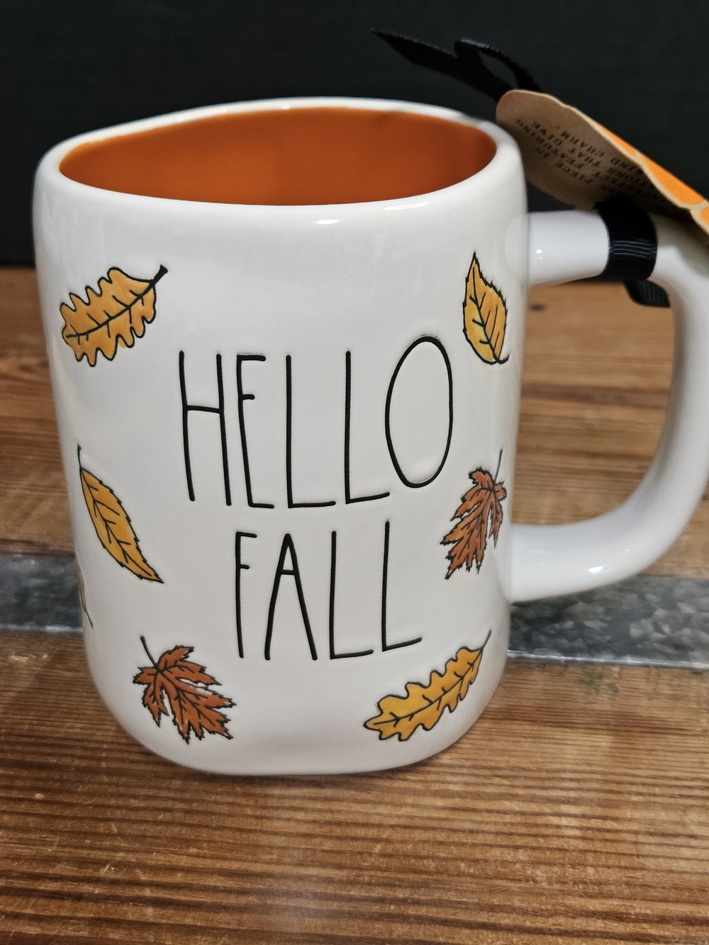 Rae Dunn White Mug with Orange Interior - Hello Fall Leaf Design